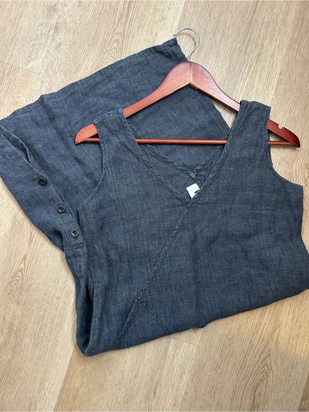 FLAX 100% Linen V - Neck Tank Shift Dress Navy Blue Button Detail
